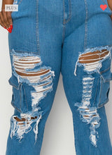 Load image into Gallery viewer, Denim Delta Distressed Cargo Pants
